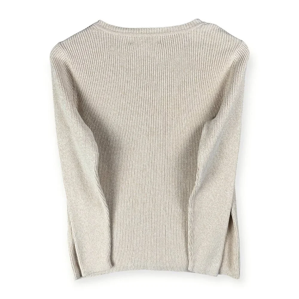 Karen Scott Pullover Sweater Women’s Small Cream Ribbed Marled V Neck Preppy Y2K